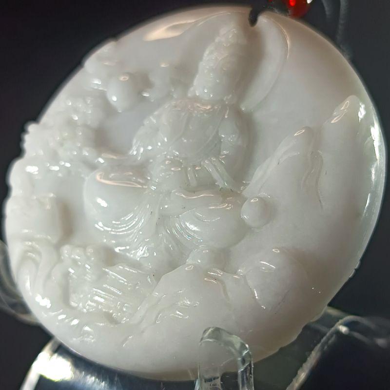 天然緬甸A貨翡翠 牛奶白自在觀音 山水觀音 雙面雕鐲心料 出清價 尺寸 52.7*11.3  附證書-細節圖6
