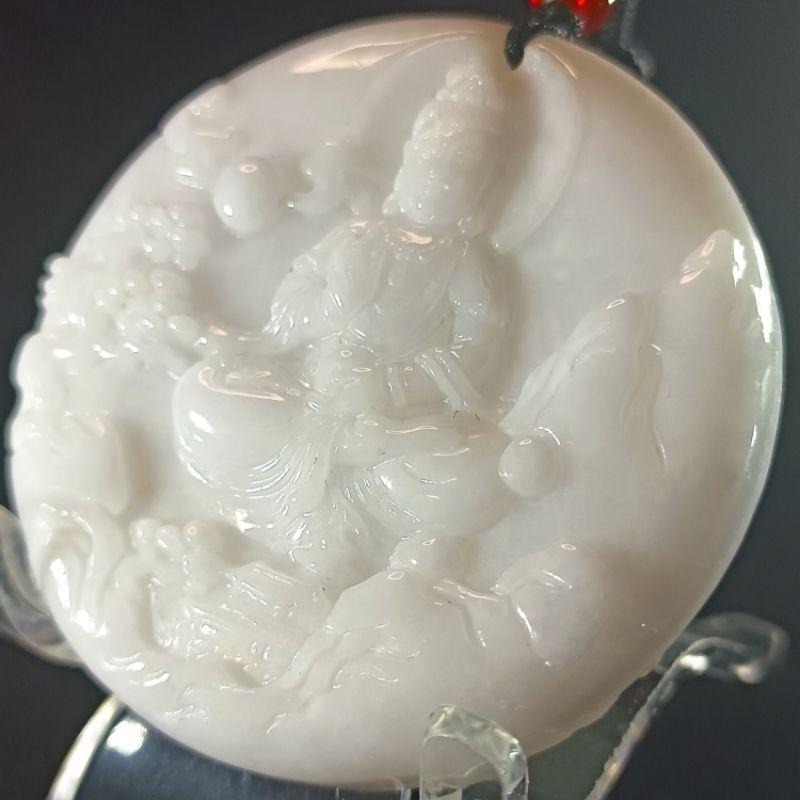 天然緬甸A貨翡翠 牛奶白自在觀音 山水觀音 雙面雕鐲心料 出清價 尺寸 52.7*11.3  附證書-細節圖7