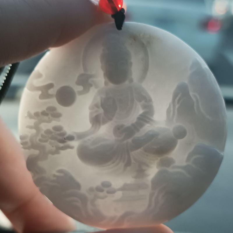 天然緬甸A貨翡翠 牛奶白自在觀音 山水觀音 雙面雕鐲心料 出清價 尺寸 52.7*11.3  附證書-細節圖9