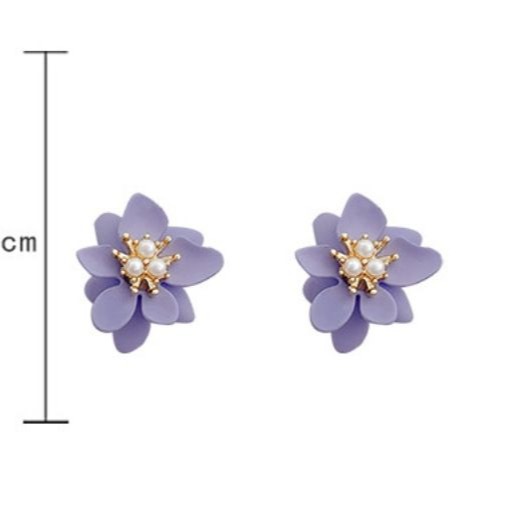 🎀V265🎀 S925銀針 紫色立體感雙層花朵珍珠花蕊耳釘個性小巧少女耳環 珍珠 花蕊 紫色 立體感 雙層 耳釘-細節圖8
