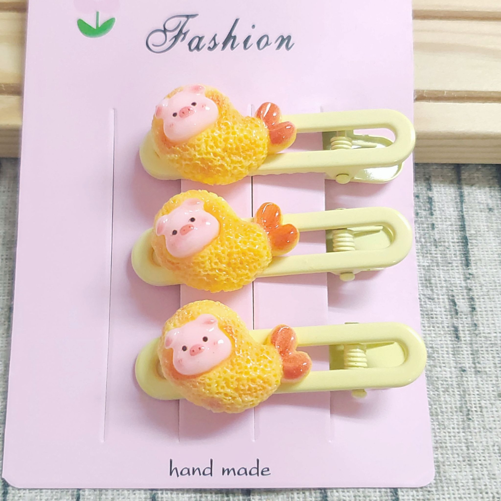 💕小V購物💕【手作髮夾系列 - 炸蝦豬豬髮夾】 手作髮夾 奶油膠髮夾 可愛髮夾 卡通髮夾 韓系髮夾 鴨嘴夾 現貨-細節圖2
