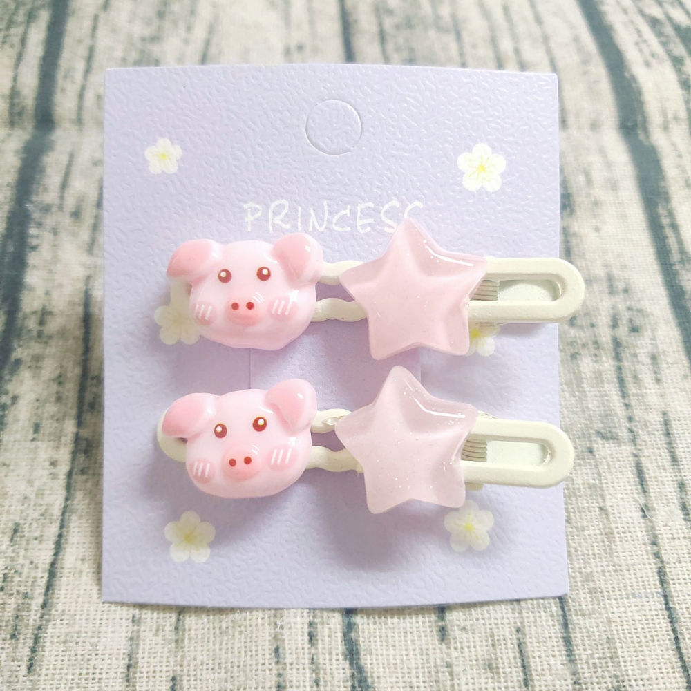 💕小V購物網💕【一組2支】多巴胺 可愛豬豬 星星髮夾ins粉嫩甜美女孩 百搭瀏海 邊夾 卡通 髮飾 鴨嘴夾 星星髮夾-細節圖2