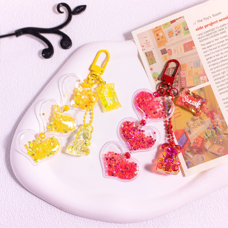 💕小V購物💕亮片閃粉壓克力彩色仿真糖果星星亮片水晶小熊吊飾 流星砂亮片 小熊 air pods吊飾 鑰匙圈吊飾 包包-細節圖6