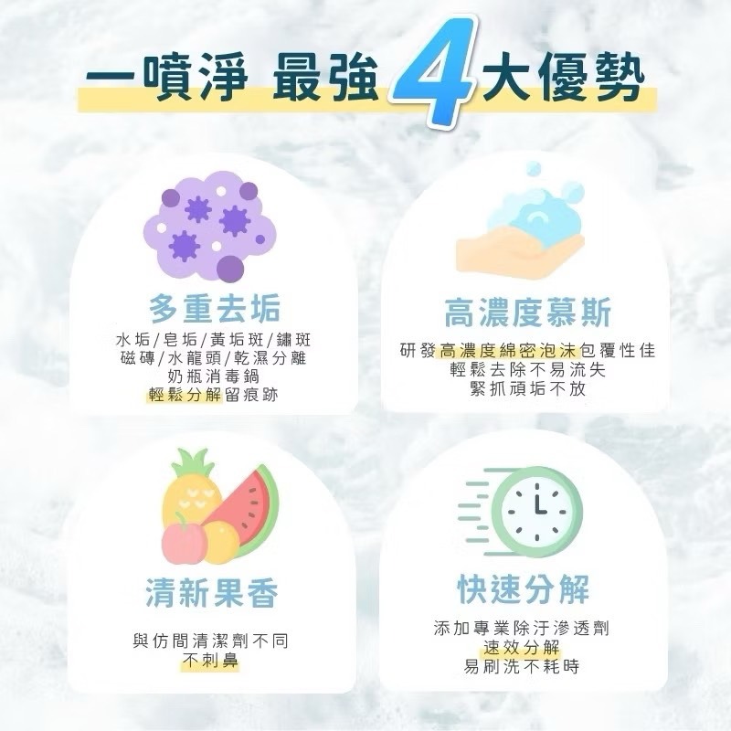 【新生王子】一噴淨水垢清潔劑500ml 除垢慕斯 除水垢玻璃水垢皂垢 黃垢 消毒鍋 鏡子水龍頭去水垢浴室清潔劑-細節圖6