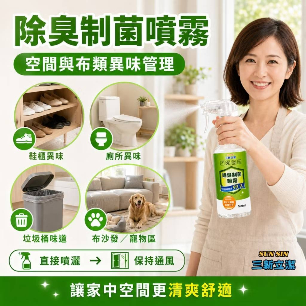 【新生王子】 三新立潔500ml光觸媒除臭噴霧 貓砂除臭 汽車除臭 廁所除臭 安全帽除臭 芳香噴霧-細節圖3