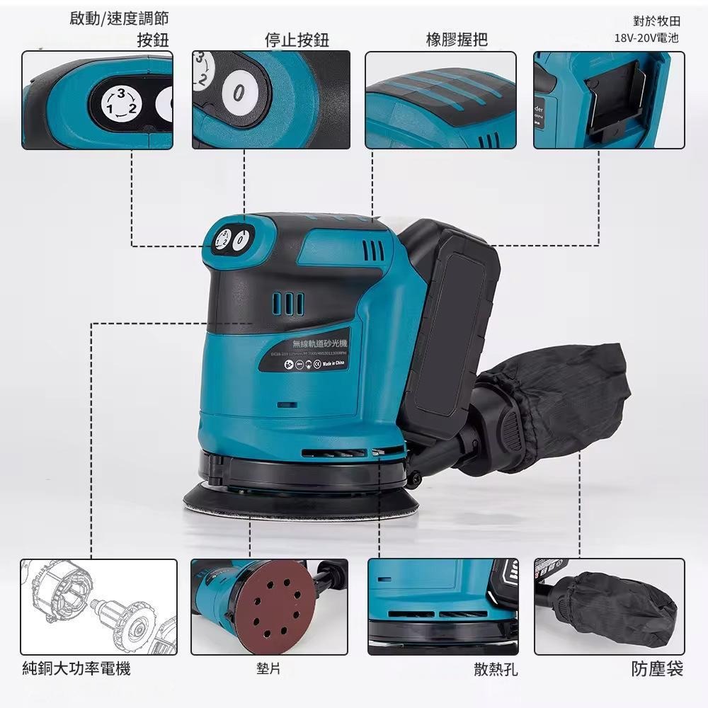 超能玩工 保固1年●砂紙機 5吋 圓砂木工打磨機 牧田藍 油漆拋光 充電砂光機 21V鋰電 電動砂紙機 現貨-細節圖5