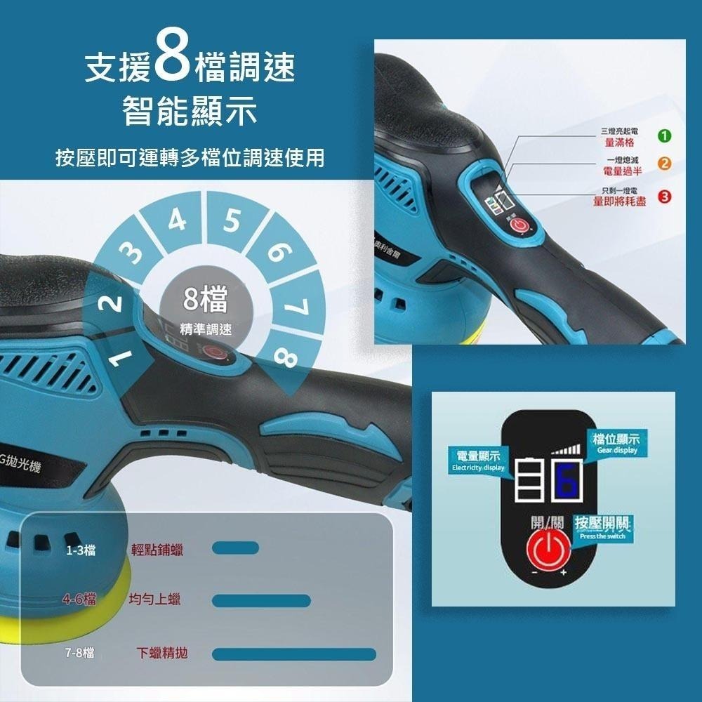 超能玩工 保固1年●全新8檔調速 12v拋光機 5吋DA機打蠟機 無線打蠟機 電動打蠟機 鍍膜機 偏心打蠟機 汽車拋光機-細節圖6