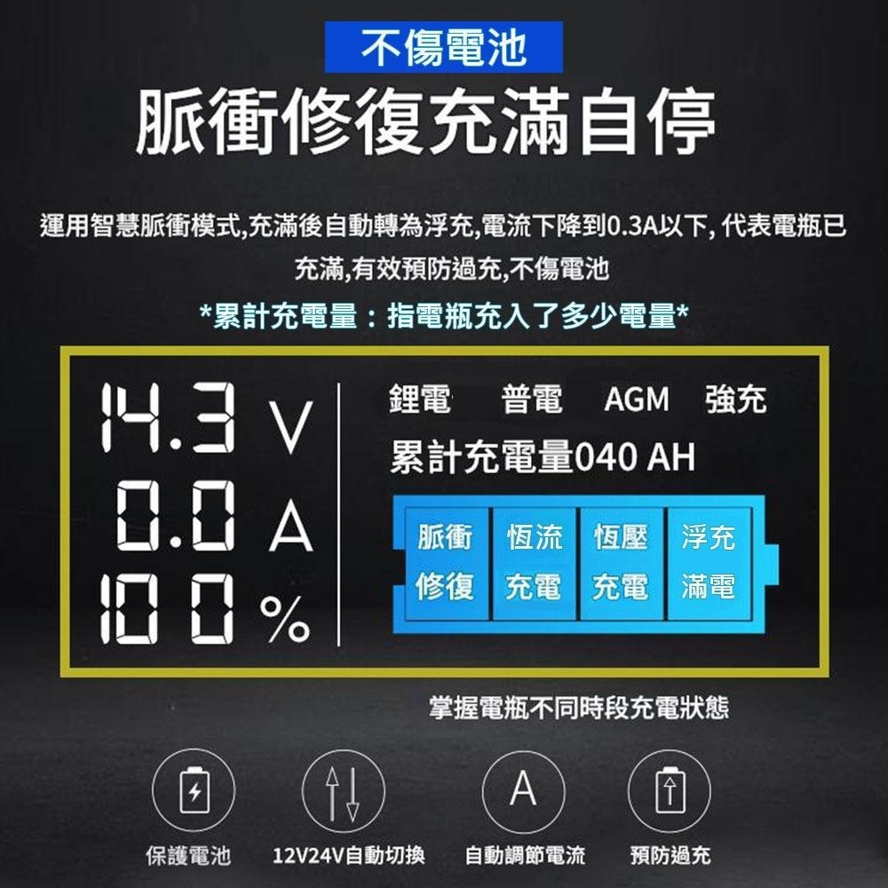 超能玩工 包退0費用●最新 電瓶充電器 高階四模式 鋰電池 AGM電池 EFB電池 強充激活 智能充電器 電池充電 現貨-細節圖7