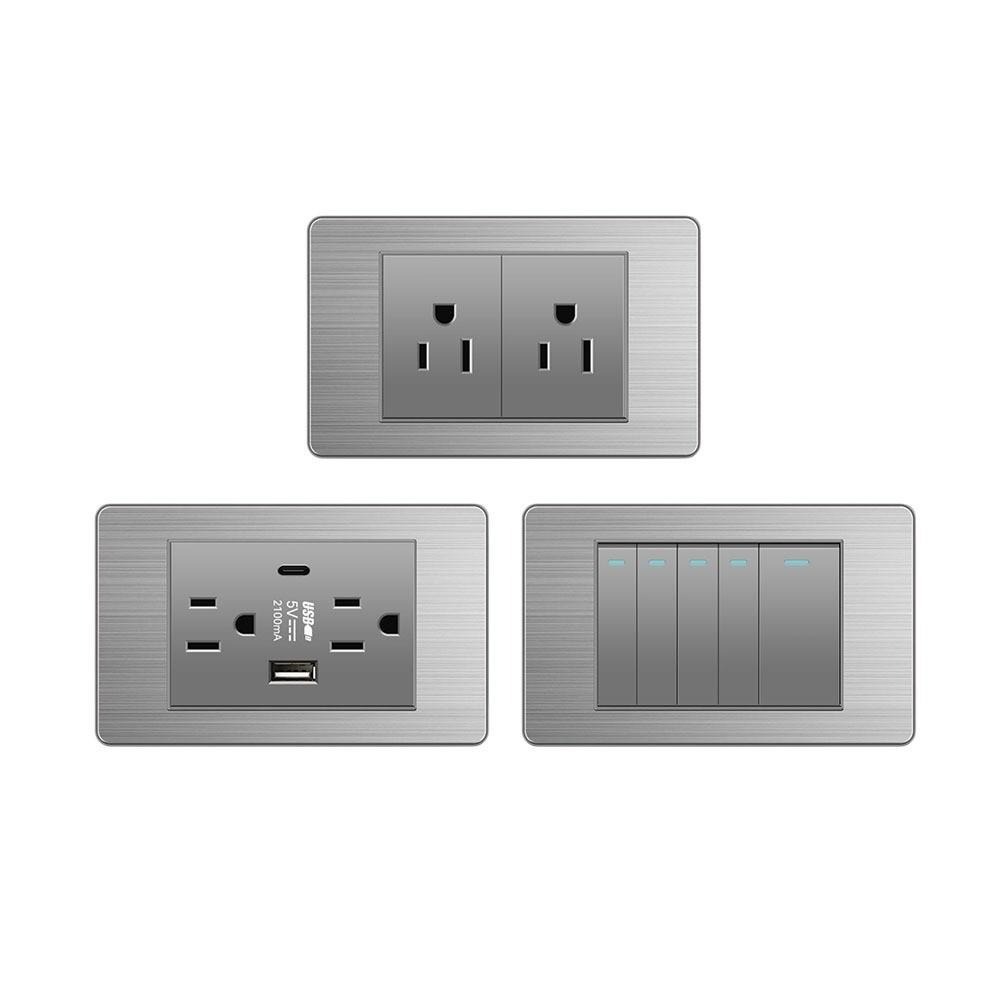 超能玩工 包退0費用●插座開關面板 不鏽鋼拉絲系列面板 單開雙開三開 台灣專用 直插式 電源插座開關 USB TypeC-細節圖2