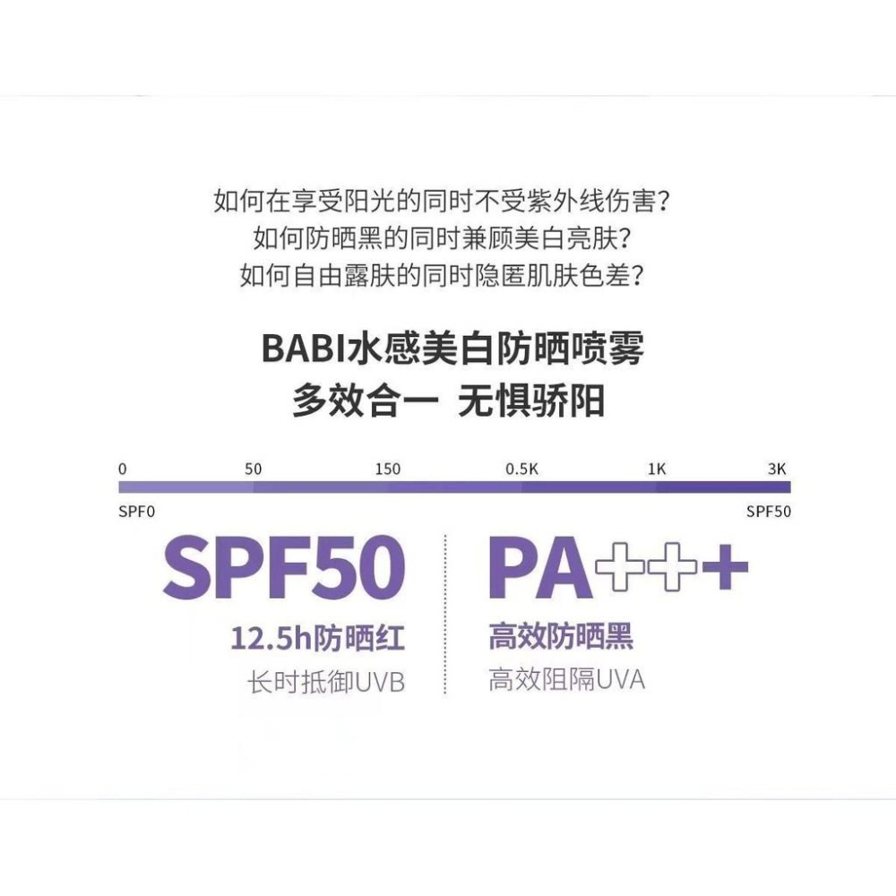 新北現貨❤️代開發票❤️ BABI水感美白防曬噴霧防紫外線全身通用清爽男女防水身體防曬素顔霜SPF50 PA+++-細節圖5
