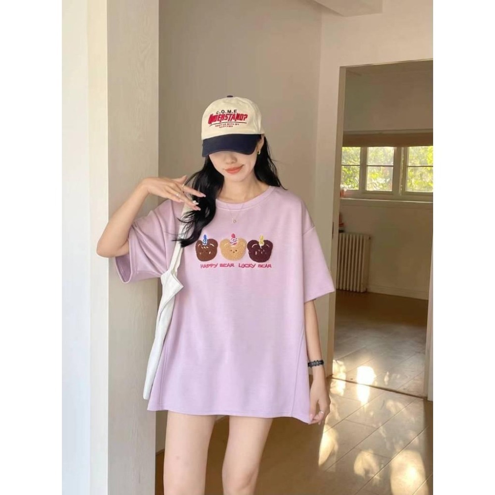 N-1109 𝓢𝓱𝓸𝓹 現貨🏷韓版 🛒太空棉圓領立體刺繡寬鬆T恤-細節圖6