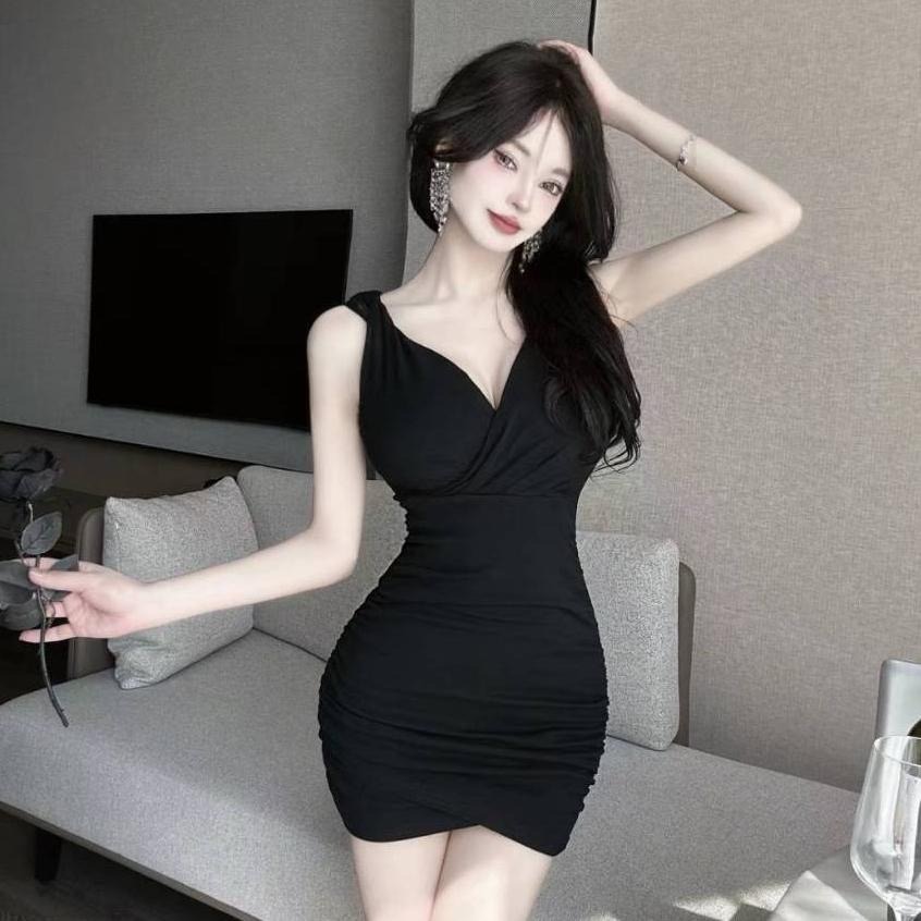 N-1109 𝓢𝓱𝓸𝓹 現貨🏷韓國同步🛒韓系V領氣質無袖皺褶顯瘦連身洋-細節圖4