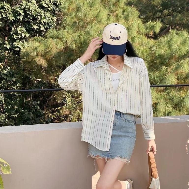 N-1109 𝓢𝓱𝓸𝓹 現貨🏷字母造型條紋襯衫+不規則短版背心兩件套-細節圖4