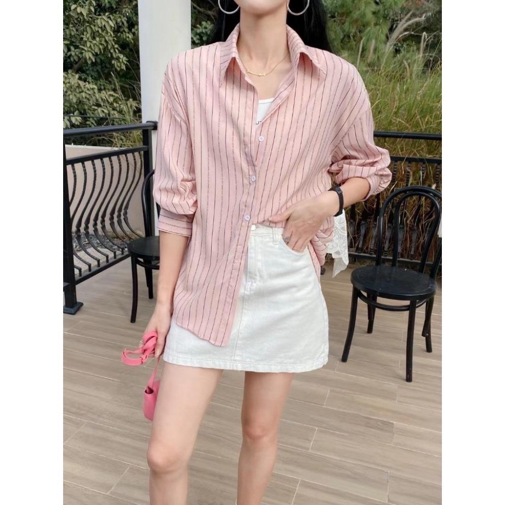 N-1109 𝓢𝓱𝓸𝓹 現貨🏷字母造型條紋襯衫+不規則短版背心兩件套-細節圖8