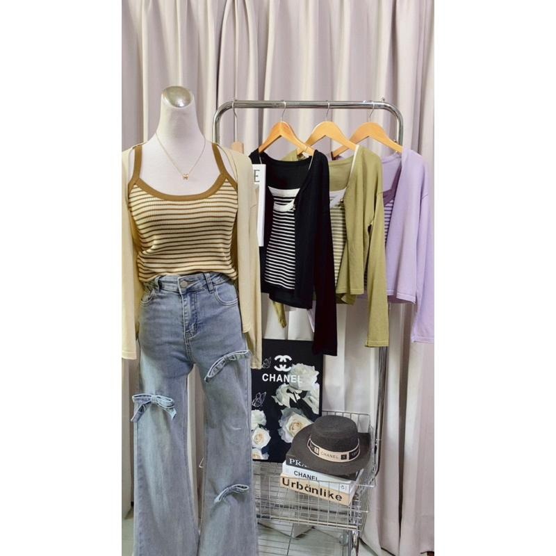 N-1109 𝓢𝓱𝓸𝓹 現貨🏷韓國chic溫柔配色吊帶條紋背心+針織罩衫兩件套-細節圖2