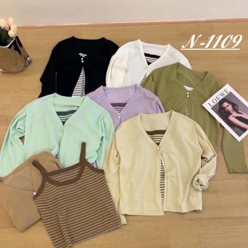 N-1109 𝓢𝓱𝓸𝓹 現貨🏷韓國chic溫柔配色吊帶條紋背心+針織罩衫兩件套-細節圖3