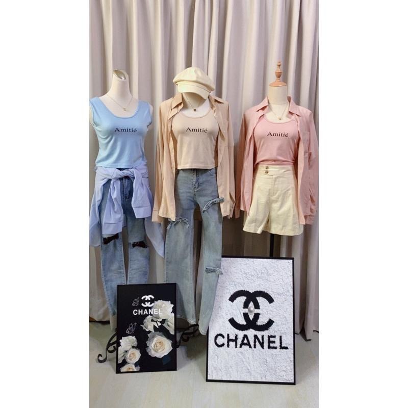 N-1109 𝓢𝓱𝓸𝓹 現貨🏷字母短版背心+純色透膚襯衫外套兩件套-細節圖2