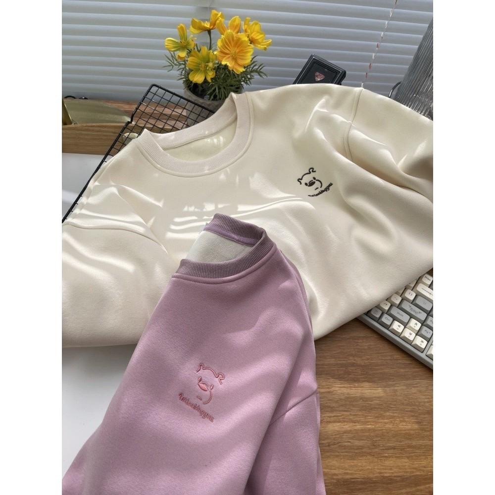 N-1109 𝓢𝓱𝓸𝓹 現貨🏷 🐻小熊刺繡圓領刷毛拼接衛衣上衣-細節圖3