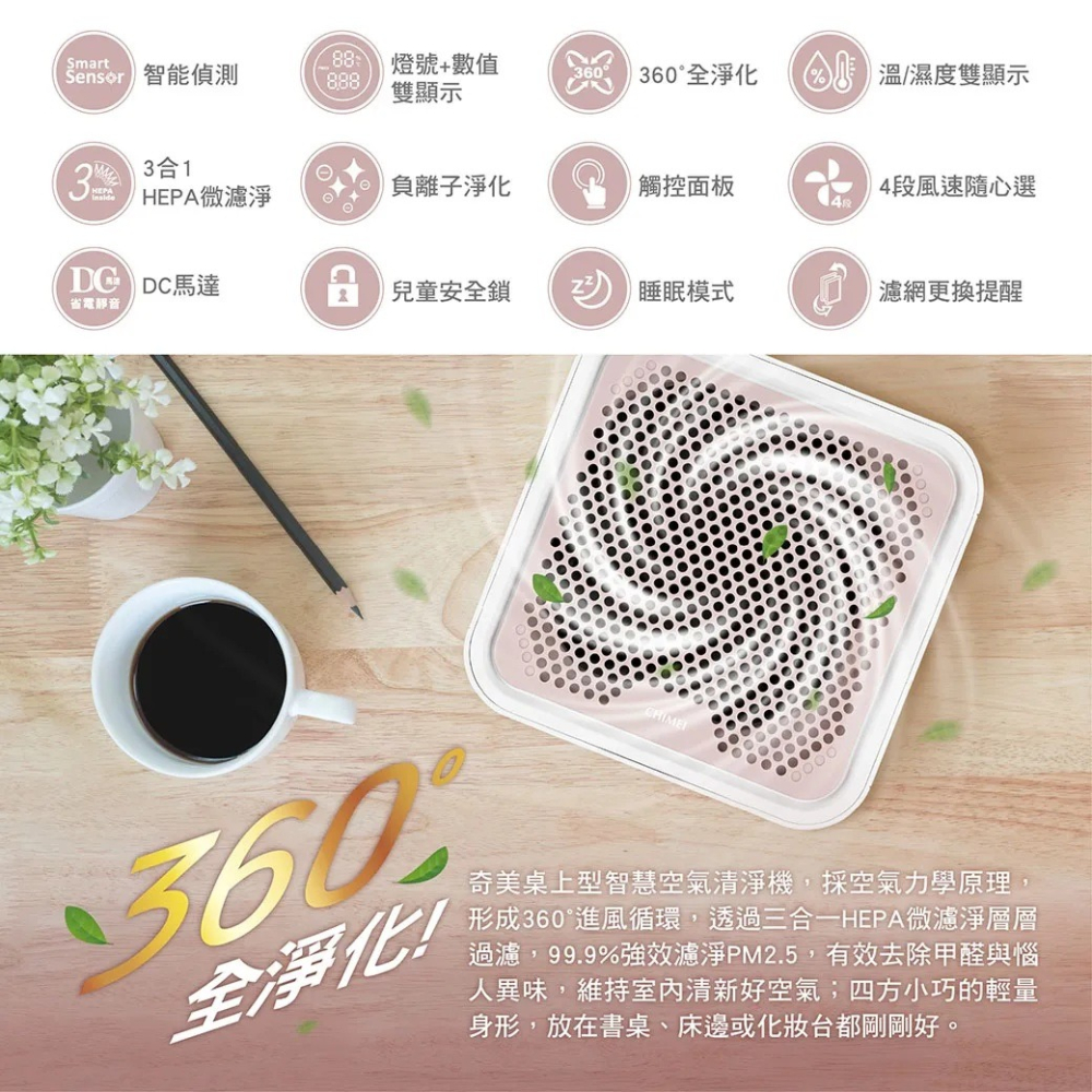 CHIMEI 奇美 AP-01UNWH桌上型自動偵測空氣清淨機 節能三級 除甲醛 活性碳濾網 負離子清淨 DC馬達-細節圖2