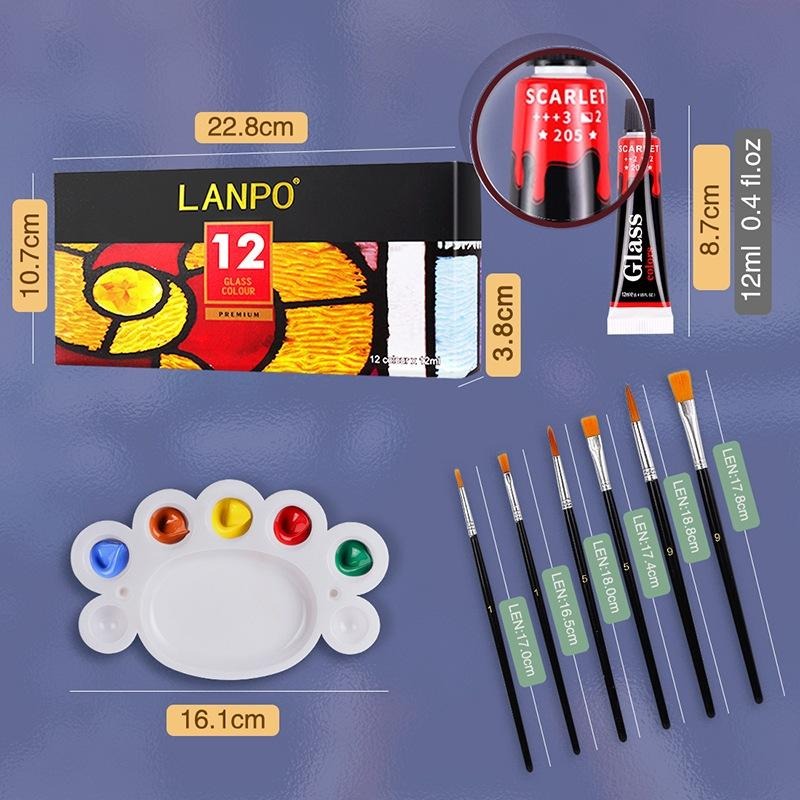 藍珀 LANPO 專業玻璃顏料套組12色 附畫筆與調色盤 玻璃彩繪顏料 玻璃杯彩繪 花瓶彩繪 陶瓷彩繪-細節圖2