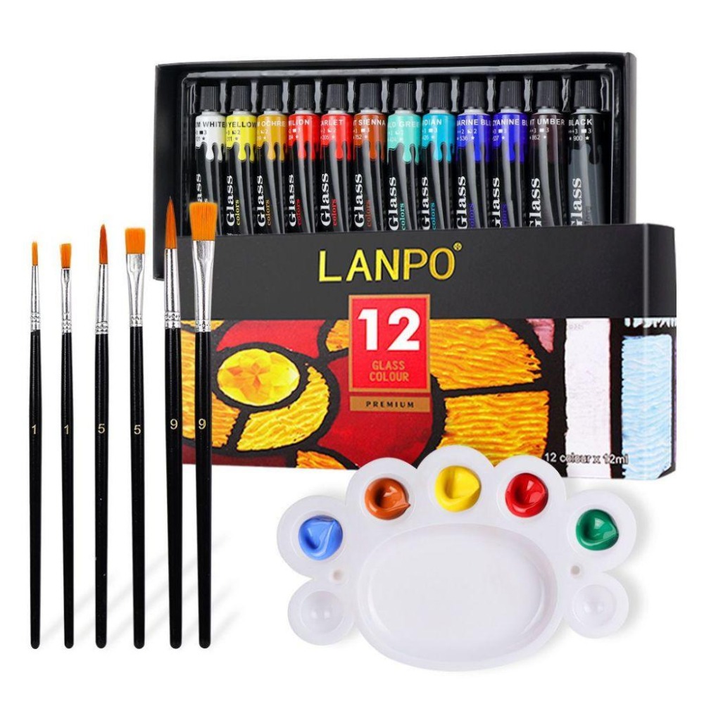 藍珀 LANPO 專業玻璃顏料套組12色 附畫筆與調色盤 玻璃彩繪顏料 玻璃杯彩繪 花瓶彩繪 陶瓷彩繪-細節圖6