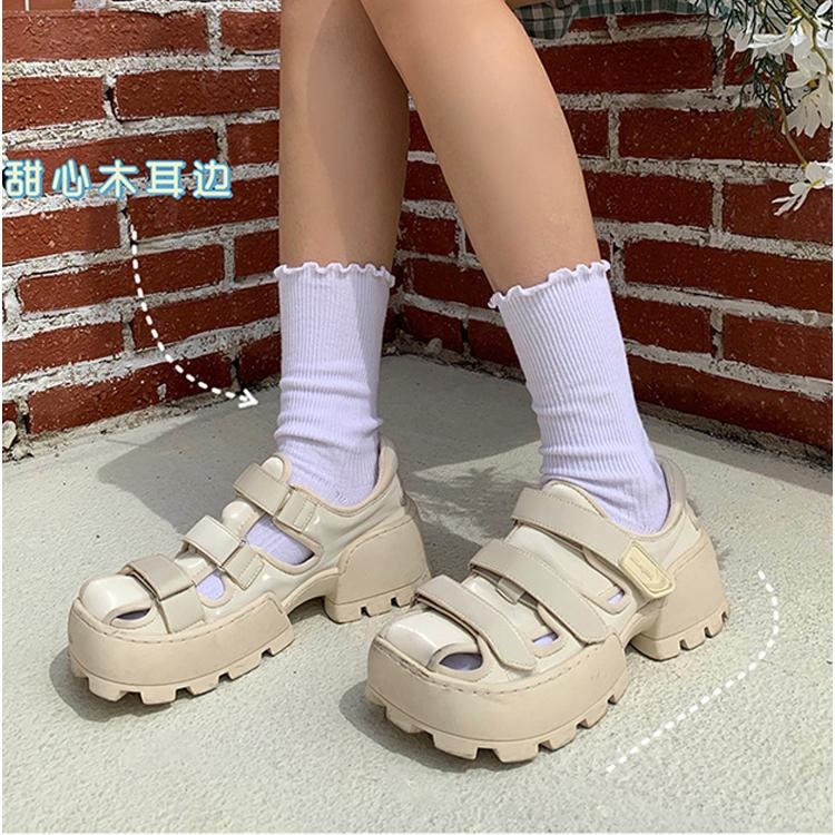 OT SHOP女款襪子 木耳邊 坑條紋 素色 中筒襪 堆堆襪 現貨 M1233-細節圖2