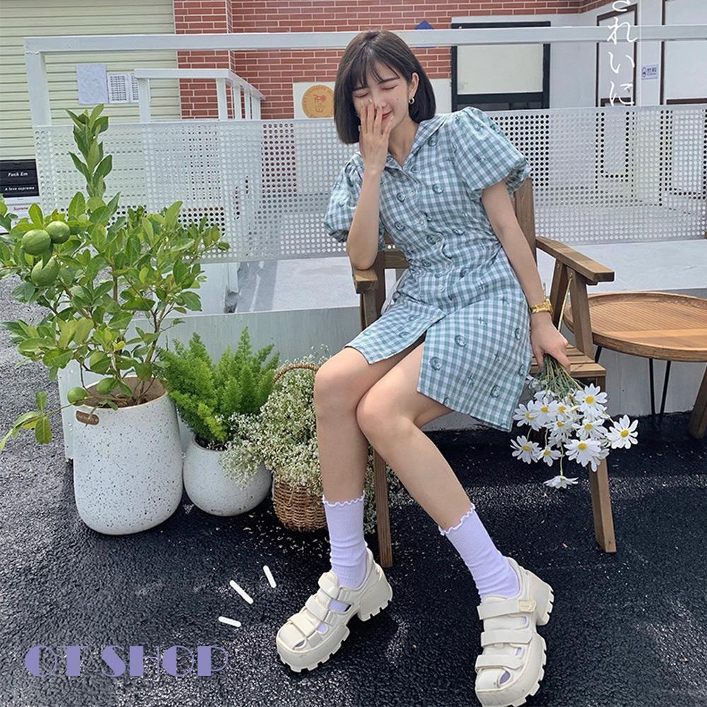 OT SHOP女款襪子 木耳邊 坑條紋 素色 中筒襪 堆堆襪 現貨 M1233-細節圖3