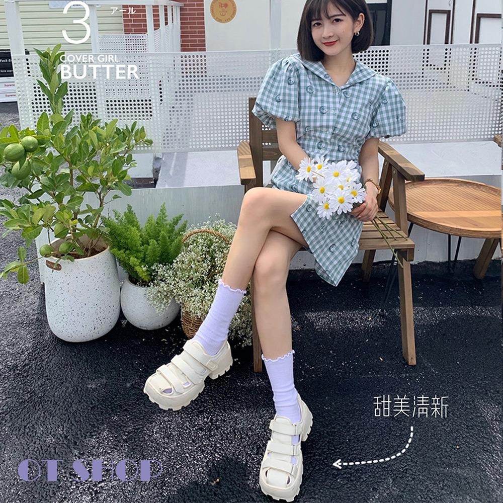 OT SHOP女款襪子 木耳邊 坑條紋 素色 中筒襪 堆堆襪 現貨 M1233-細節圖4