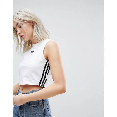 愛迪達 Adidas original 三葉草 短版無袖背心 側邊三線 彈性材質 女用 白色 XS號