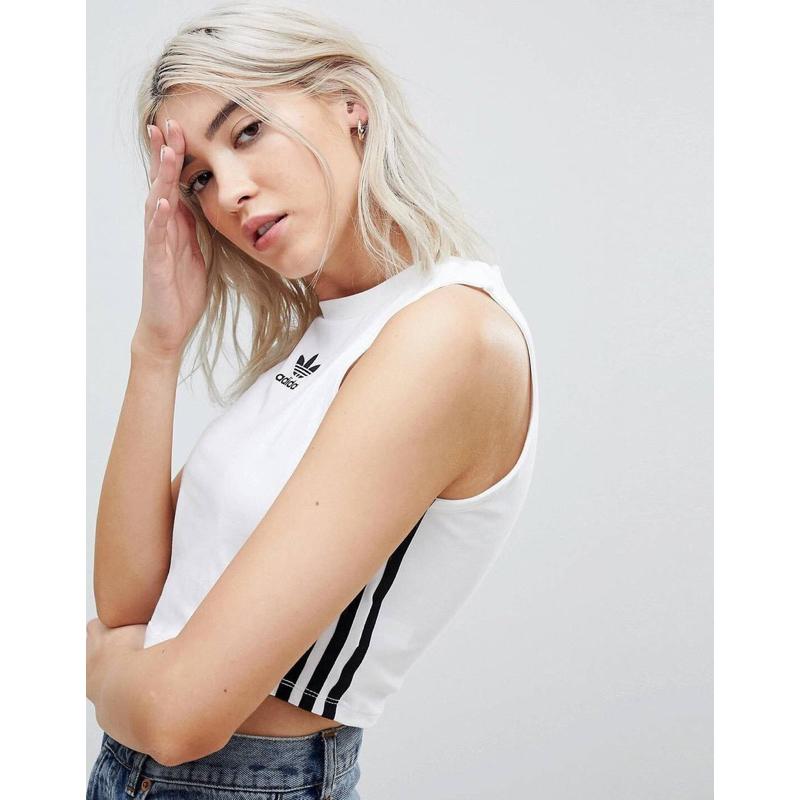 愛迪達 Adidas original 三葉草 短版無袖背心 側邊三線 彈性材質 女用 白色 XS號-細節圖3