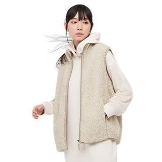 UNIQLO 男裝 Fleece 仿羊羔絨搖粒絨立領背心 M號 乳白色 二手七成新-細節圖4