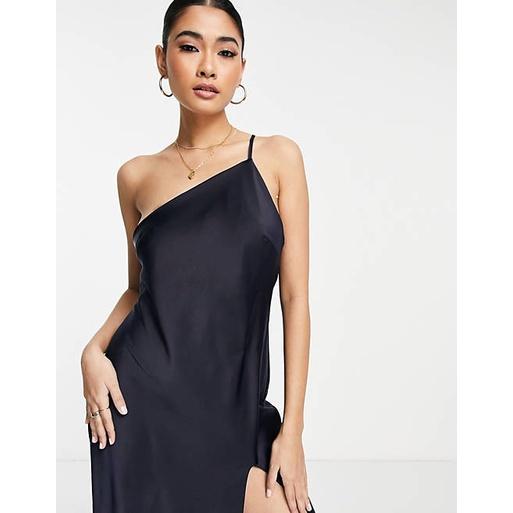 ASOS DESIGN 海軍藍 垂墜背緞面單肩中長裙 大腿高開衩 一字肩款式 US0-細節圖2