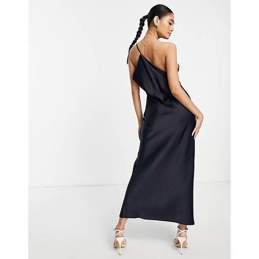 ASOS DESIGN 海軍藍 垂墜背緞面單肩中長裙 大腿高開衩 一字肩款式 US0-細節圖4