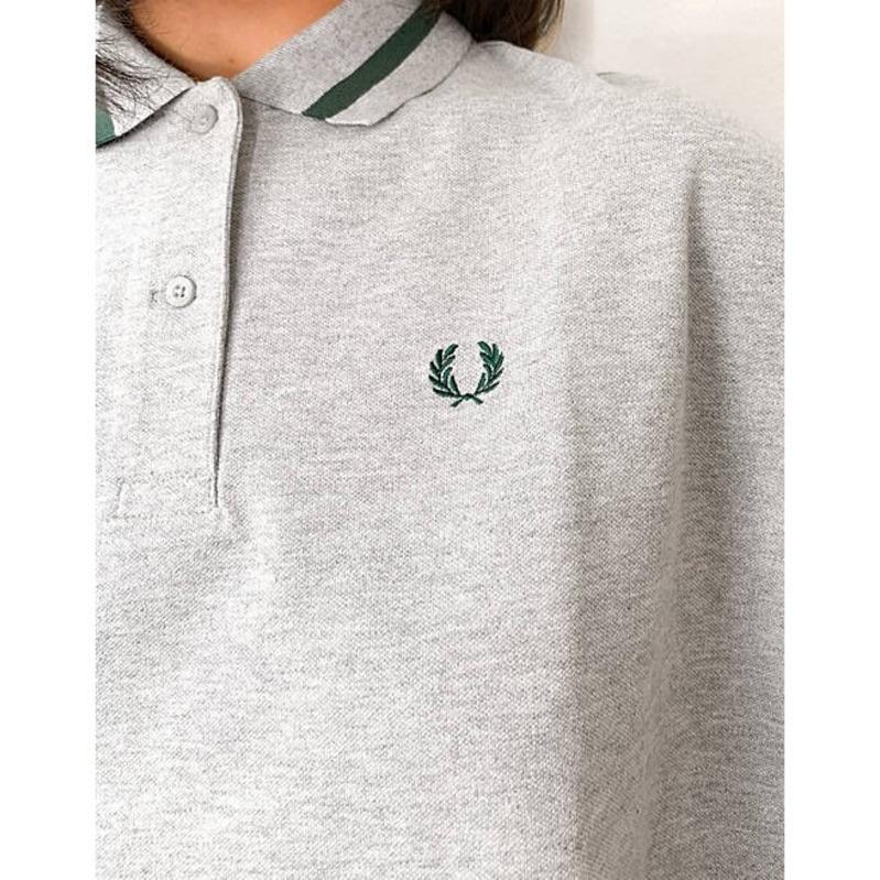 Fred Perry oversized 落肩 刺繡POLO衫  灰底綠線 短袖  US8/US10-細節圖2