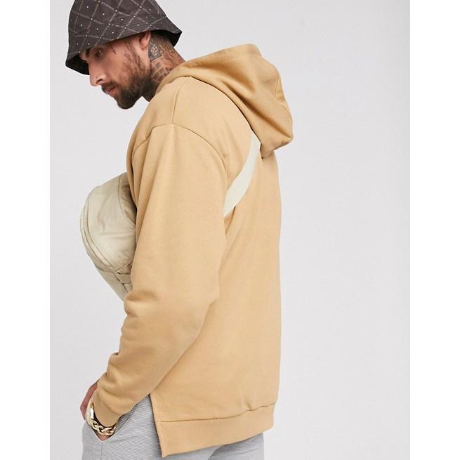 ASOS DESIGN oversized 寬版 舒適 男生 長袖帽T 前短後長開岔下擺 奶茶色/卡其色 XS號-細節圖2