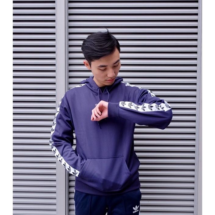 【噢飛炫】ADIDAS TNT TAPE HOODY  復古 三葉草 側袖Logo 長袖連帽T  深藍 XS~L-細節圖6