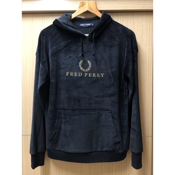 Fred Perry 金色復古LOGO刺繡 絲絨連帽長袖T velour hoodie uk8-細節圖2
