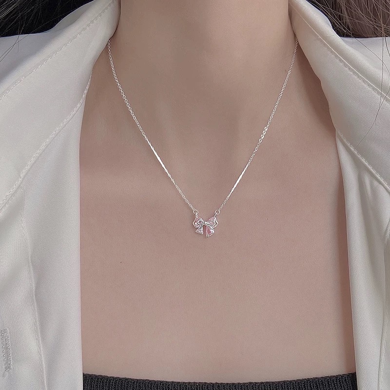 Like.acc❤️現貨 925純銀粉色蝴蝶結🎀項鏈 鎖骨鍊P260-細節圖2