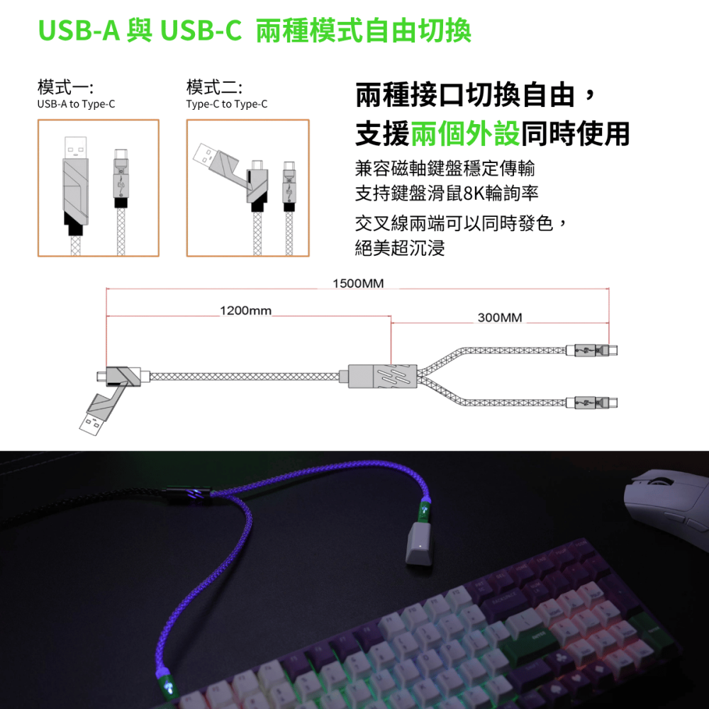 🐍RFH蛇粉天地🐍鍵盤滑鼠一托二航插線 8k輪詢率 RGB 鍵盤滑鼠專用 USB TYPEC 線 航插線 磁軸電競-細節圖3