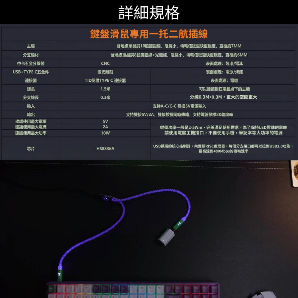 🐍RFH蛇粉天地🐍鍵盤滑鼠一托二航插線 8k輪詢率 RGB 鍵盤滑鼠專用 USB TYPEC 線 航插線 磁軸電競-細節圖4