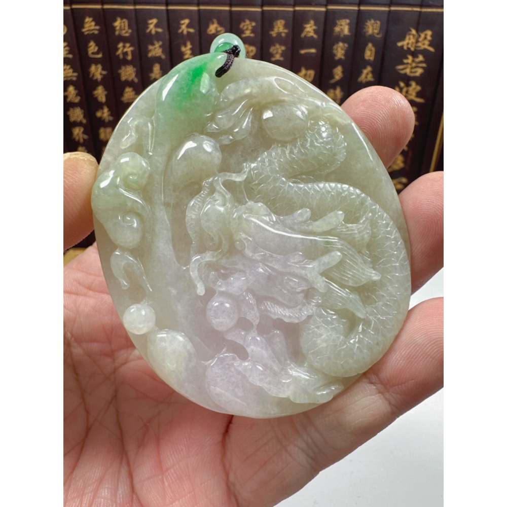 天然翡翠A貨-龍霸天下神龍護主藕會發財如意玉牌掛件 商品編號：070301-細節圖4