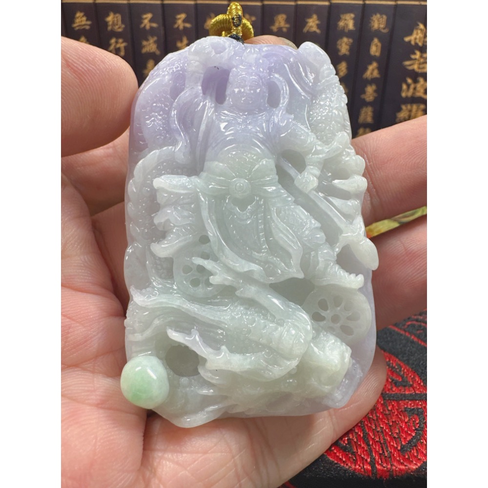 天然翡翠A貨-乘龍三太子立體厚庄雙面雕玉牌 商品編號070502-細節圖2
