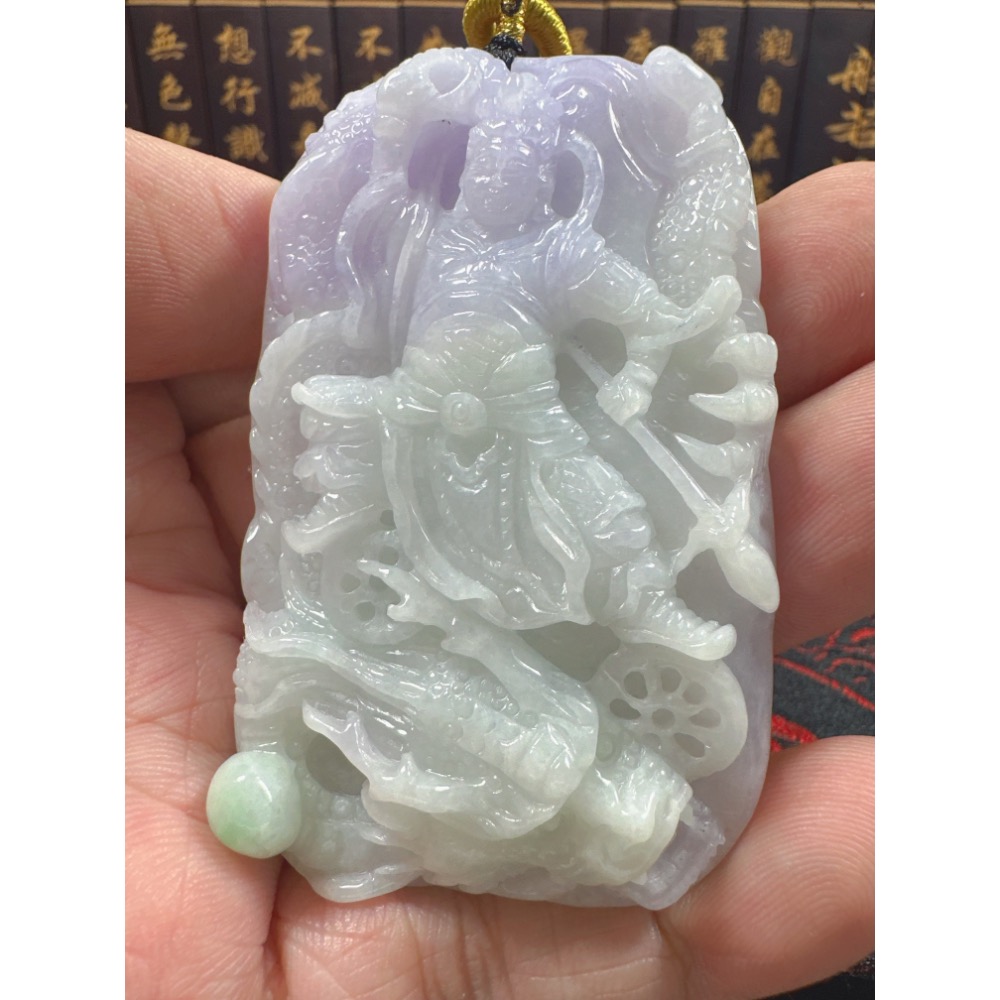 天然翡翠A貨-乘龍三太子立體厚庄雙面雕玉牌 商品編號070502-細節圖4