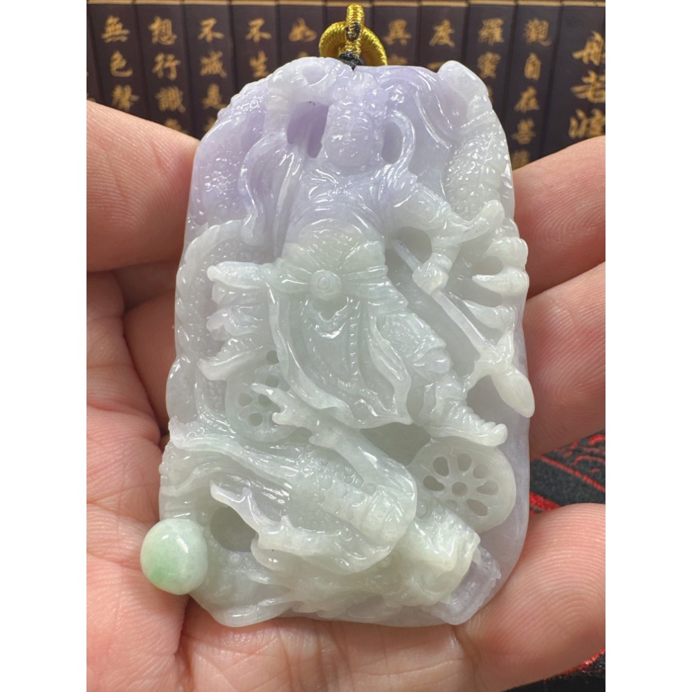 天然翡翠A貨-乘龍三太子立體厚庄雙面雕玉牌 商品編號070502-細節圖5