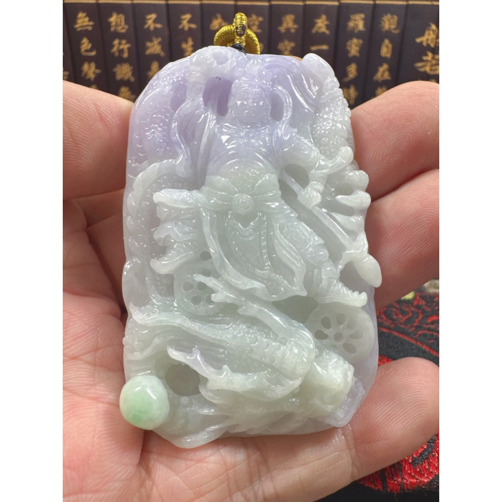 天然翡翠A貨-乘龍三太子立體厚庄雙面雕玉牌 商品編號070502-細節圖6