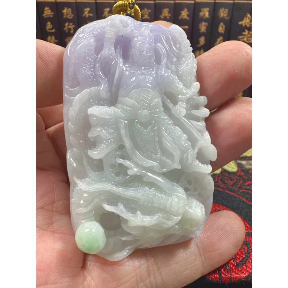 天然翡翠A貨-乘龍三太子立體厚庄雙面雕玉牌 商品編號070502-細節圖7