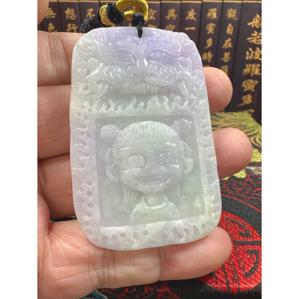 天然翡翠A貨-乘龍三太子立體厚庄雙面雕玉牌 商品編號070502-細節圖10