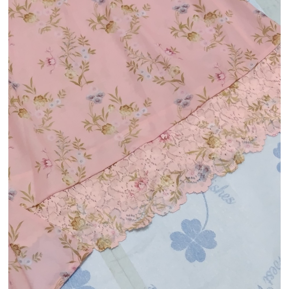 細肩帶粉紅色碎花長版睡衣（M)-細節圖2