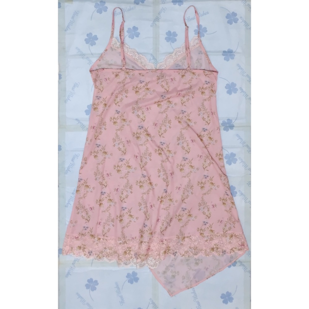 細肩帶粉紅色碎花長版睡衣（M)-細節圖4