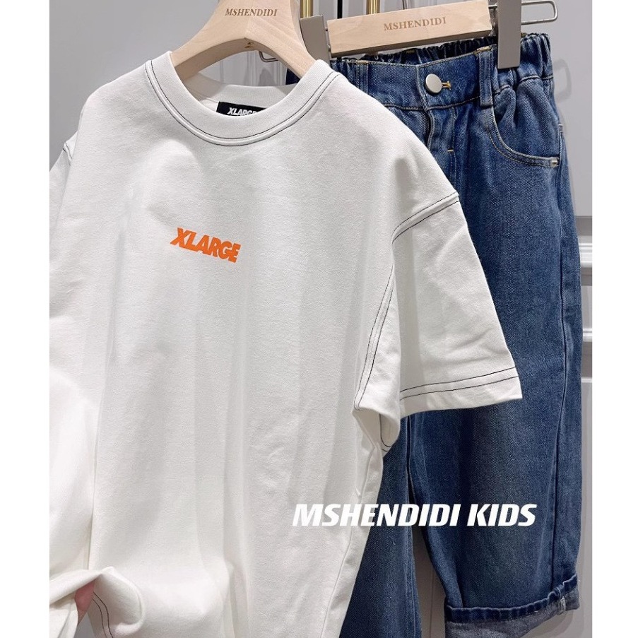 🏝️現貨🏝️ 日系韓版中大童童裝白色LAR明線設計猩猩大金剛猿人頭經典LOGE街潮塗鴉字母印花圓領短袖上衣(150)-細節圖4